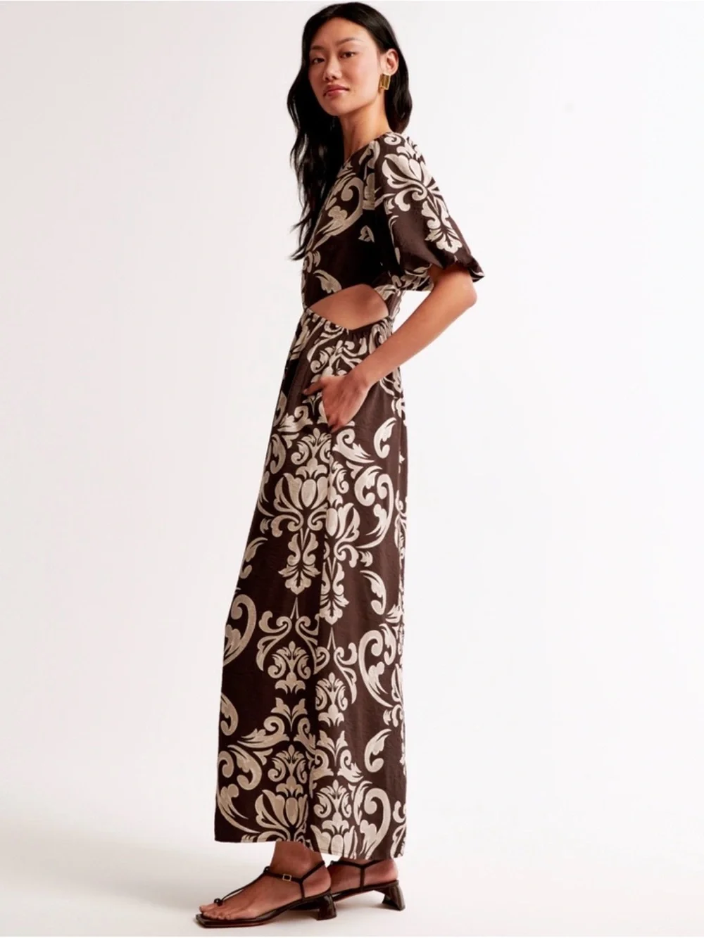 A&F Brown and Cream Maxi Dress with Cutout Detail